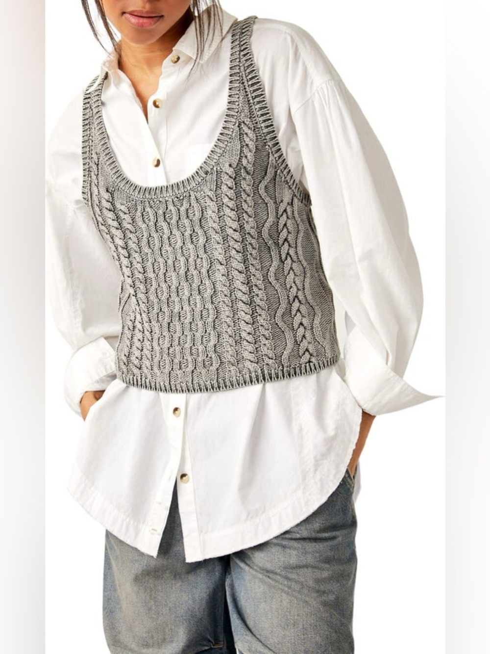 Free People High Tide Beach Granola Cable Knit Cotton Layering Sweater Tank Top.